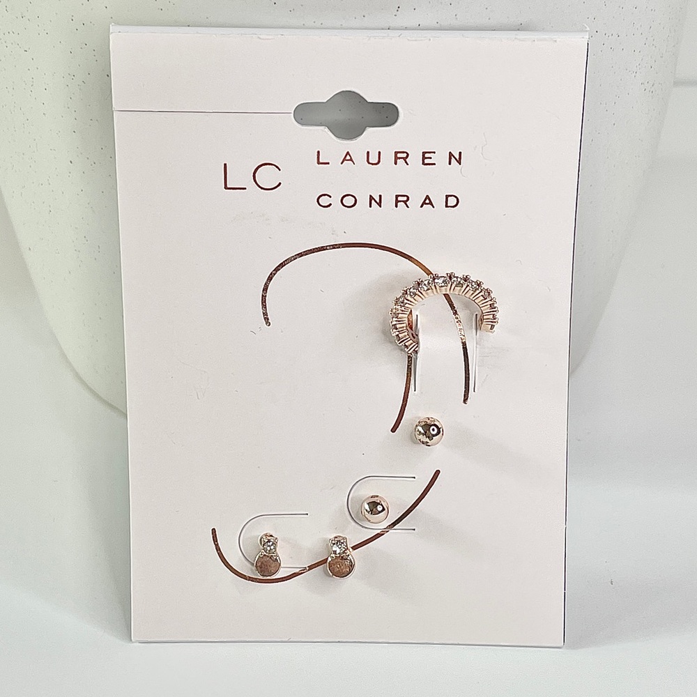 LC Lauren Conrad rose gold, two pairs of earrings, and cuff set